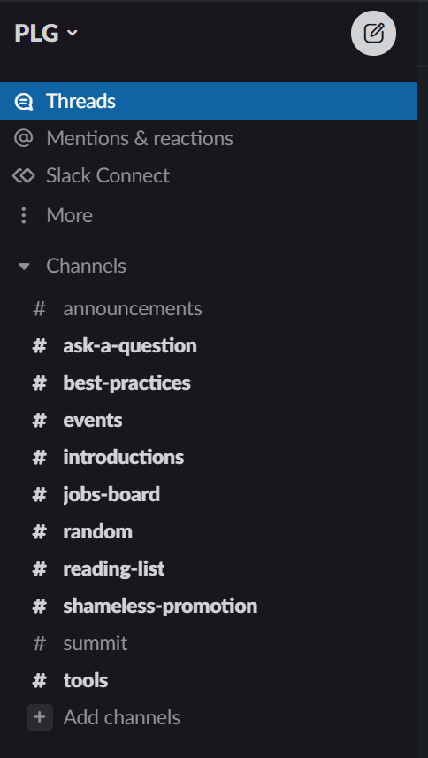 PLG Slack workspace with community channels